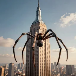 a giant spider scaling the empire state building, hyper - realistic, high - resolution