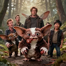Gremlins movie, the gremlins have their mouth full of meatballs and are high, Greg Rutkowski, Darek Zabrocki, Karlkka, Jayison Devadas, Phuoc Quan, trending on Artstation, 8K, ultra wide angle, pincushion lens effect.