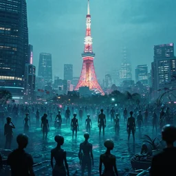 dreamy film still of cyberpunk tokyo, crowds of aliens, at the bottom of the ocean