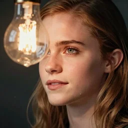 emma watson's face looking through a light bulg