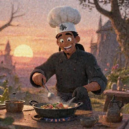 a wholesome gothic illustration of a happy black metal chef cooking black metal food, studio Ghibli, Pixar and Disney animation, sharp, Rendered in Redshift and Unreal Engine 5 by Greg Rutkowski, Bloom, dramatic lighting, sunrise