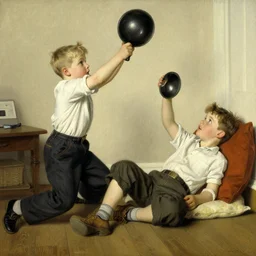 A kid hitting pots to wake up his brother , art by Norman Rockwell