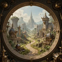 fantasy land through round gateway, steampunk, highly detailed, intricate