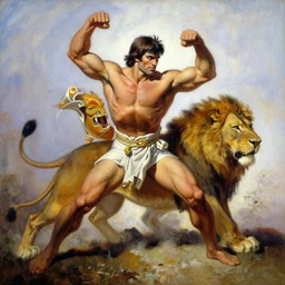 a painting of tarzan fighting with a lion, by frank frazetta