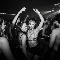 a rave, dance dance party at old inner city sydney city, australia. black and white photography. dark energy 8 k