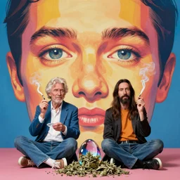 award winning photo of DAVID LYNCH AND NICK CAVE tripping on lsd and smoking weed, vivid colors, happy, symmetrical face, beautiful eyes, studio lighting, wide shot art by Sally Mann & Arnold Newman