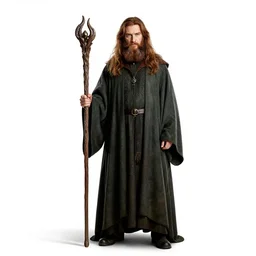 young wizard with long beard and staff, cinematic studio photo, full body, standing, isolated on a pure white background, centered, whole figure in frame, sharp focus, studio lighting