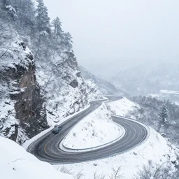 a dangerous winding highway route on an icy snowy cliff, blizzard, photo