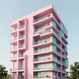 Dali inspired apartment block in pink and teale pastel colours, hyperrealistic, octane render, architectural perfection, insane detail