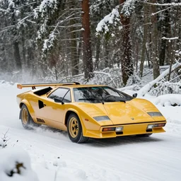 a 1 9 8 8 lamborghini countach lp 5 0 0 0 qv, racing through a rally stage in a snowy forest