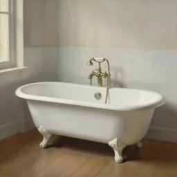 painting of an old bathroom in france, an antique white clawfoot bathtub, wooden floor, soft lighting from the left, low viewpoint by jeremy lipking, joseph todorovitch, greg rutkowski