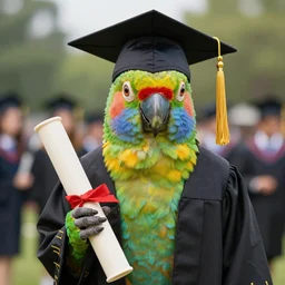 a parrot wearing a graduation cap, holding a diploma, photorealistic, highly detailed