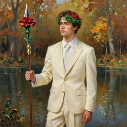 stoic young man with red tipped green hair wearing a cream suit shedding a single tear standing before a lake in an autumnal forest holding a halberd shaped like a carnation, oil painting by jeremy mann and yoji shinkawa