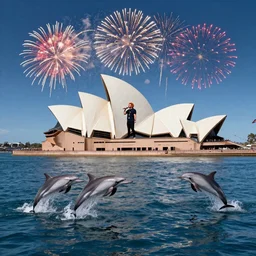 a holiday in Australia with fireworks in new year Eve with Ed Sheeran singing above the water while dolphins jump