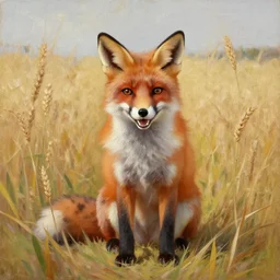 a happy fox sitting in a wheat field, looking at the viewer, oil - on - canvas painting by carl spitzweg