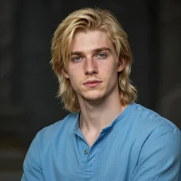 digital portrait of a skinny european male, slightly longer blond hair and a light stubble beard, wearing a light blue shirt, blue eyes, rugged, teenage, fantasy, wizard, trending artstation, dungeons & dragons, relaxed expression, dark lighting, ultra high detail