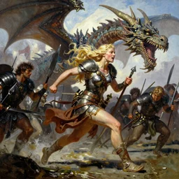 An oil painting of a beautiful blonde viking woman running into battle, ancient armor, aesthetic, by Frank Frazetta, Greg Rutkowski, Boris Vallejo, Neal Hanson, Christian MacNevin, epic fantasy character art, goddess of war, goddess of anger, high fantasy, full length, exquisite detail, post-processing, low angle, masterpiece, cinematic, colossal dragon in background