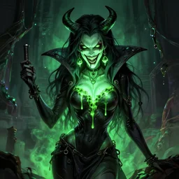 a portrait photo of a poison themed female villain, glowing green, poison dripping, poison teeth, detailed character design, maximalist