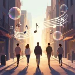 musical city street with stylized musical notes floating around, bubbles, radiant halo of light, sylvain sarrailh, artstation, ismail inceoglu, liam brazier, petros afshar