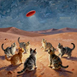 A bunch of kittens playing frisbee on Mars, painted by Paul Signac