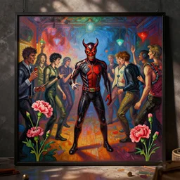 evil jersey club party by gustave dore. back glass painting, carnation, encaustic painting, b - roll, establishing shot, dappled light, crime scene photography, 8 k, vray, unreal engine, blender cycles, colorful