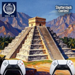 the stone pyramids in the canyons are surrounded by mountains, a detailed matte painting by otto pilny, shutterstock contest winner, neo - primitivism, photo taken with ektachrome, playstation 5 screenshot, digitally enhanced, mexico