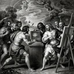 1900's picture of a clash between crypto artist and traditional artist in renaissance style black and white, terrors and riot on people faces, there's a computer in the side of the artist and an easel on the other side, the sky is rumbling, smokes everywhere, the duel happens in the middle an exhibition
