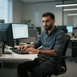 photo of emad sitting at his desk in the stability. ai office, highly detailed, extremely high quality, hd, 4 k, 8 k, professional photographer, 4 0 mp, lifelike, top - rated, award winning, cinematic, realistic, detailed lighting, detailed shadows, sharp, no blur, edited, corrected, trending