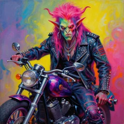portrait of an apocalyptic demonic orcish goblin biker character in a cool pose, psychedelic vibrant colors, futuristic punk rock fashion, oil painting by michael whelan art, 8 0 s hair, studded leather jacket
