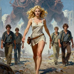 a mixed media painting of one very beautiful blonde woman fleeing from a distant colossal creature, elegant, aesthetic!!! symmetrical face and eyes, piercing gaze, sixties pinup, explorer, photorealistic, curvy, model, epic sci - fi art, full length, tasteful, safe for work, tattered clothes, by frank frazetta, donato giancola, boris vallejo, beeple, greg rutkowski, christian macnevin, high fantasy, prometheus, cgsociety, exquisite detail, post - processing, masterpiece, cinematic