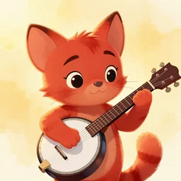 dreamworks, disney, a red little kitten playing banjo, humanoid, golden hour, digital art, watercolours, face study, concept art