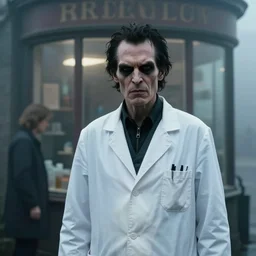 an ultra realistic cinematic headshot portrait of an evil scientist, stood outside a corner shop, foggy, detailed, deep focus, movie still, dramatic lighting, by krenz cushart and!! annie leibovitz!!