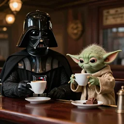 photo of darth vader and yoda drinking coffee in a bar, sigma lens 70mm