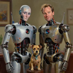 an episode of frasier, set in the year 2 1 2 2, frasier ( kelsey grammer ) and niles are bio - mechanical robots. frasiers dad is a cyborg, and the little dog is a droid, intricate detail, volumetric shadows and lighting, realistic oil painting by tim hildebrandt,