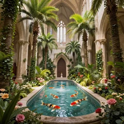 cathedral interior with koi pond in the middle surrounded by palm trees, ivy, flowers, tropical plants, roses, and with archways. rendered in octane render with photorealistic lighting, fantasy concept art by tyler edlin, antoine blanchard, thomas cole