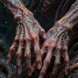 ultra - detailed epic analog photo of varicose mucus - covered slimy pulsating alien hands with long fingers masterpiece epic by wayne d barlowe
