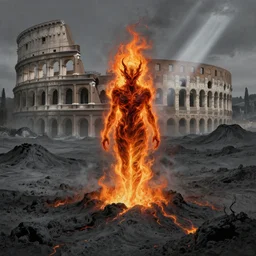 one lone singular swirling otherworldly demonic figure shrouded in flames emerges from extensive barren grey charcoal volcanic, flames, matte painting by peter mohrbacher and filip hodas, background colosseum!, godrays, high contrast, highly detailed