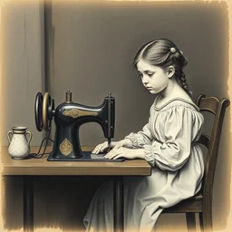 jan vermeer drawing of a painting of a little girl sitting at a sewing machine by jan vermeer created at renaissance in high resolution, with inspiring feeling