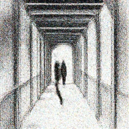 a 7 meters man walks in an old wood corridor, 2 meters, black and white illustration, by james jean and wayne barlowe and moebius