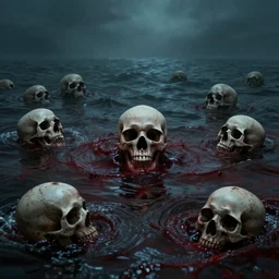 a scary photo of a blood sea with skulls floating in it