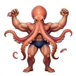 body builder octopus with arms out wide in 70s comic book style front view