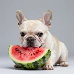a very cute french bulldog puppy eating watermelon, high quality photograph, studio lighting