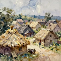 paint brush strokes, abstract watercolor painting of rustic village at midday, straw roof, hay, viking town, ambient lighting, art by hans dahl, by jesper ejsing, art by anders zorn, wonderful masterpiece by greg rutkowski, cinematic light, american romanticism by greg manchess, creation by tyler edlin