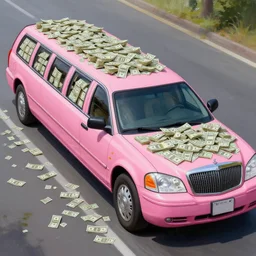 a highly detailed pink stretch limo overflowing with cash, detailed painting by arturo faldi, trending on deviantart, octane, masterpiece