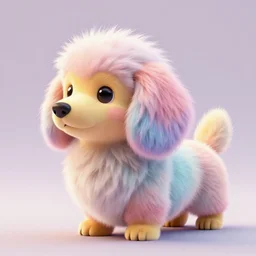 high quality 3 d render hyperrealist very cute fluffy dachshund - pokemon, plush mascot, long spiky fluffy smooth hair, photo from the side, multi pastel colors, vray, smooth background, artstation, ultra detailed