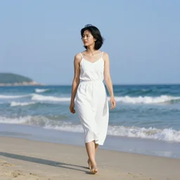 90's Professional Color Photography, Nikon, A girl in white walking on the beach, Summer