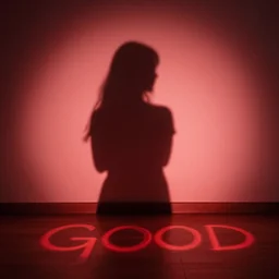 she sees her own shadow cast in red light and outlined on the floor below her, she sees herself and knows it is good