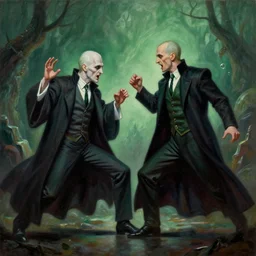 A very detailed surreal fantasy oil painting of Lord Voldemort fighting against the Atheist by Manjit Bawa, trending on artstation, 4k.