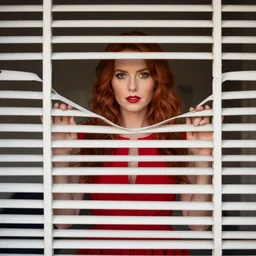 Red haired woman in a red dress peaking from behind a window blinder, portrait, photography n- 4