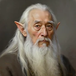 a highly detailed portrait painting of an elderly healer elf male, long white beard, long elf ears, asian decent, by greg rutkowski and alphonse mucha, sharp focus, matte, concept art, artstation, digital painting